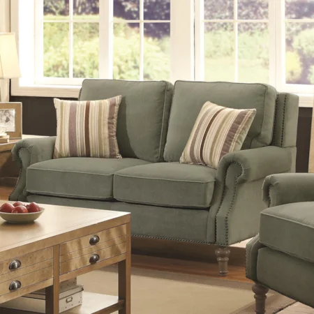 Traditional Rolled Arm Loveseat with Subtle Wing Back and Nailheads