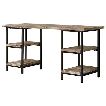 Modern Rustic Writing Desk with Metal Frame and Distressed Finish Top & Shelves