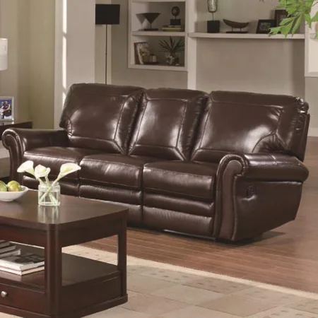 Casual Over-Stuffed Burgandy Leather Sofa with Dual Recliners
