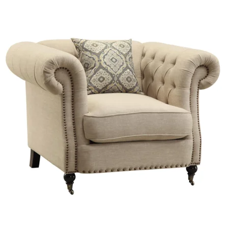 Traditional Button Tufted Chair with Large Rolled Arms and Nailheads