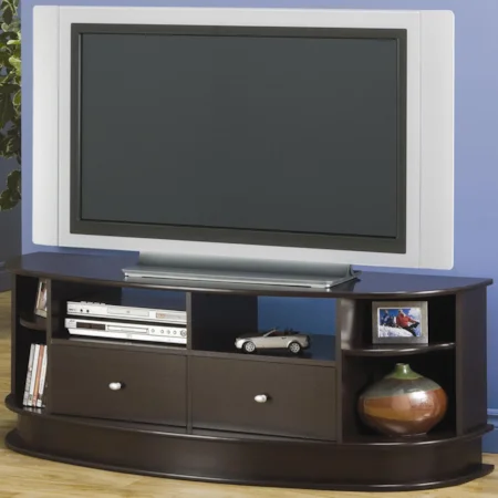 Casual Contemporary Media Console with Drawers and Shelves