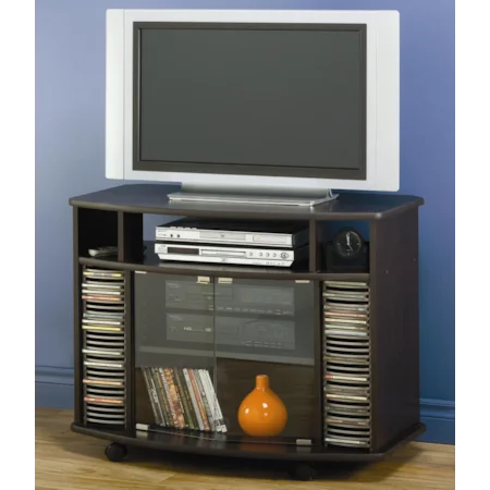 Casual TV Stand with Casters, Glass Doors, and CD Racks