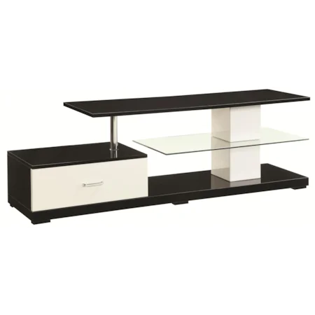 Black, Silver and White TV Stand with Drawer and Glass Shelf