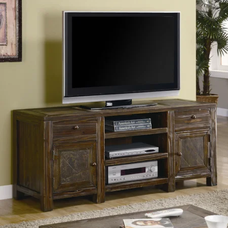 Rustic TV Console with Slate Insert in Brown Oak Finish
