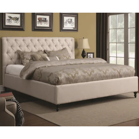Queen Upholstered Bed with Tufted Headboard and Turned Wood Feet