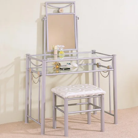 Casual Metal Vanity with Glass Top and Stool with Fabric Seat