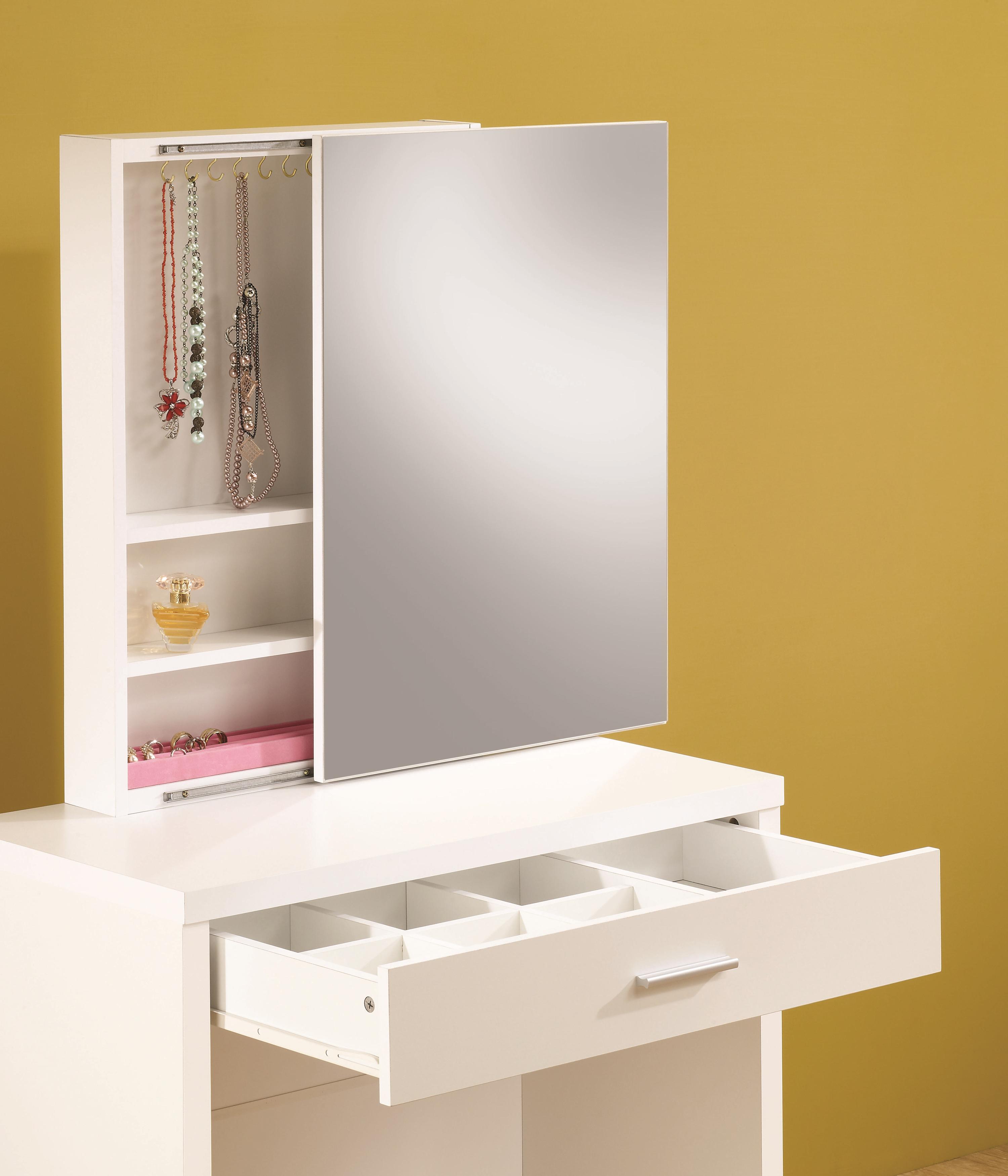 Coaster Vanities 300290 White Vanity with Hidden Mirror Storage and