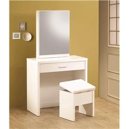 White Vanity with Hidden Mirror Storage and Lift-Top Stool