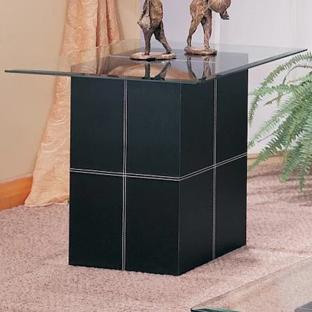 Contemporary End Table With Bonded Leather Base and Glass Top