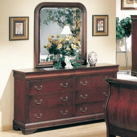Louis Philippe Style 6 Drawer Dresser with Hidden Storage and Curved Frame Mirror