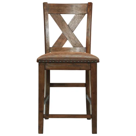 Rustic X-Back Upholstered Barstool with Nailhead Trim