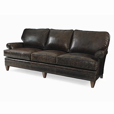 Leather Sofa with Rolled Arms and Tapered Wood Feet