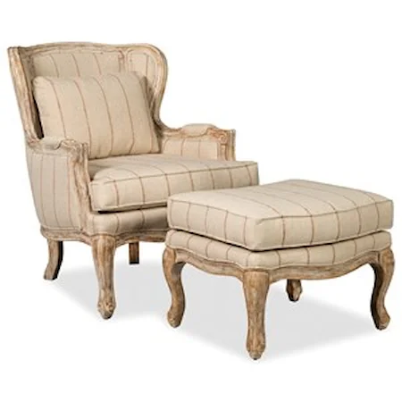 Vintage Carved Wood Wing Chair and Ottoman Set with Weathered Oak Finish