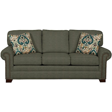 Transitional Sleeper Sofa with Large Rolled Arms and Brass Nailheads