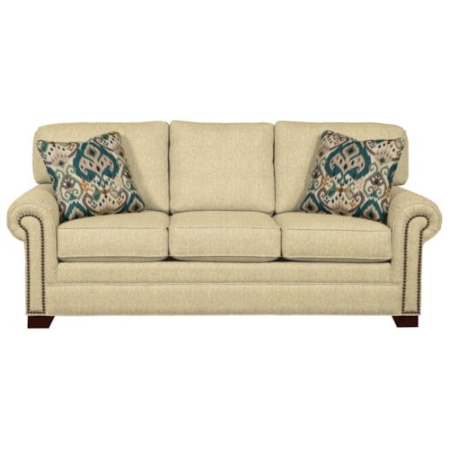 Transitional Sleeper Sofa with Large Rolled Arms and Brass Nailheads