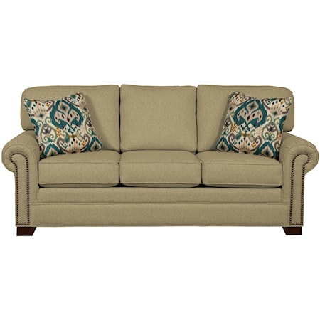 Transitional Sleeper Sofa with Large Rolled Arms and Brass Nailheads