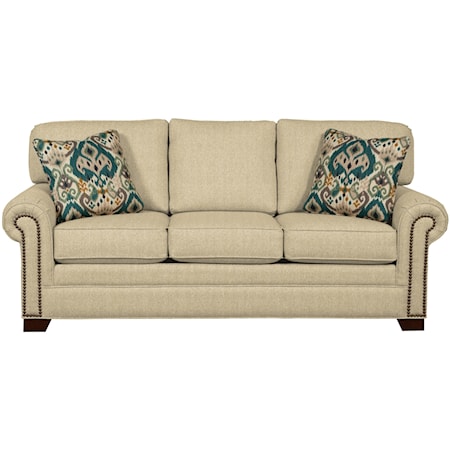 Transitional Sleeper Sofa with Large Rolled Arms and Brass Nailheads