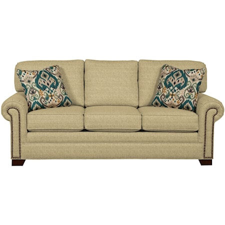 Transitional Sleeper Sofa with Large Rolled Arms and Brass Nailheads