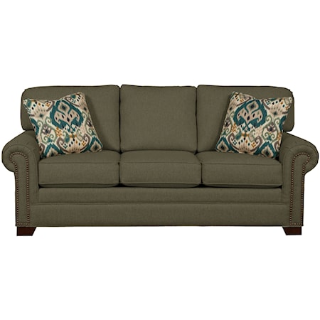 Transitional Sleeper Sofa with Brass Nailheads and Memory Foam Mattress