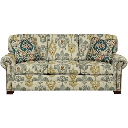 Transitional Sofa with Large Rolled Arms and Brass Nailheads