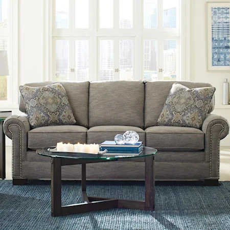 Transitional Sofa with Large Rolled Arms and Brass Nailheads