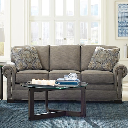 Transitional Sofa with Large Rolled Arms and Brass Nailheads