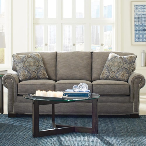 Transitional Sofa with Large Rolled Arms and Brass Nailheads
