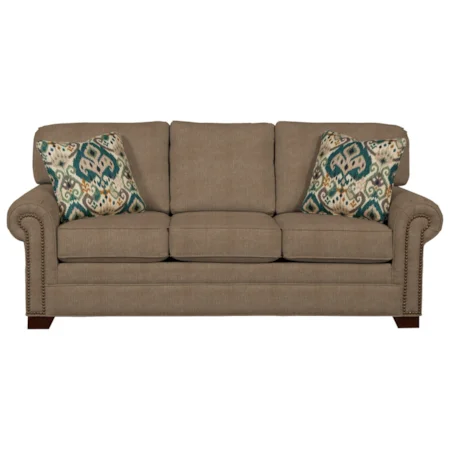 Transitional Sofa with Large Rolled Arms and Brass Nailheads