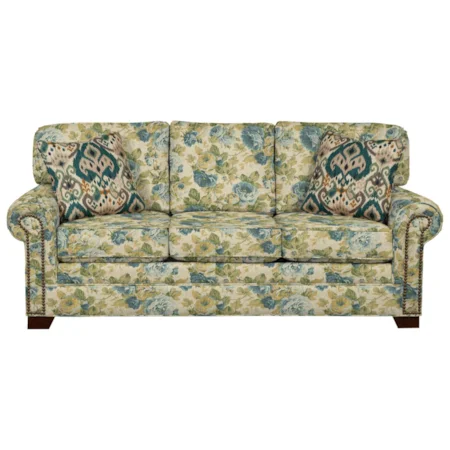 Transitional Sofa with Large Rolled Arms and Brass Nailheads