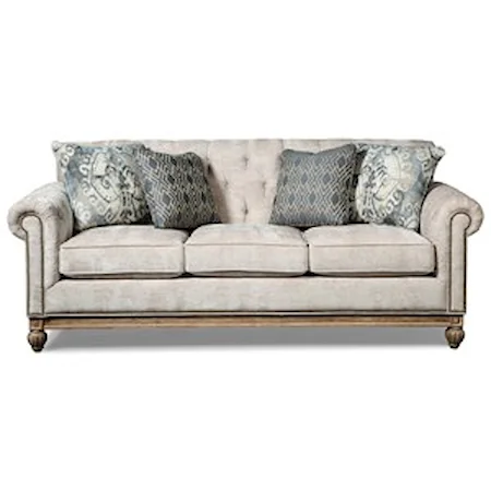Button Tufted Sofa with Distressed Wood Base and Pewter Nails