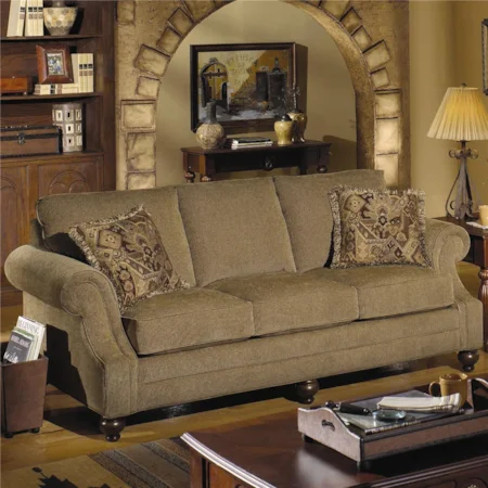 Stationary Sofa with Turned Exposed Wood Feet