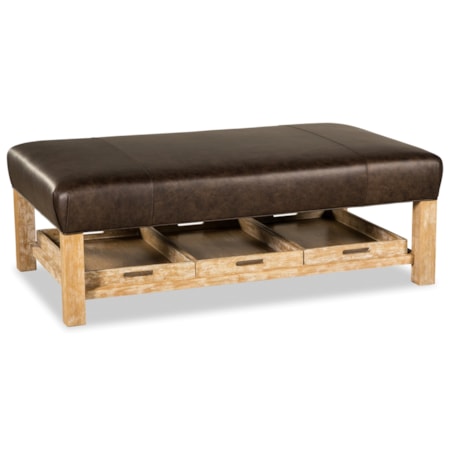 Large Rectangular Leather Cocktail Ottoman with 3 Removable Trays in Weathered Oak