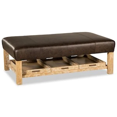 Large Rectangular Leather Cocktail Ottoman with 3 Removable Trays in Weathered Oak
