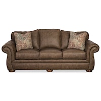 Traditional Leather Camelback Sofa with Nailhead Studs and Toss Pillows