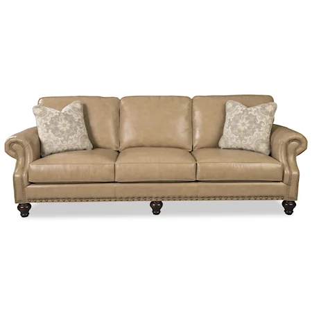 Traditional Leather Sofa with Two Sizes of Nailhead Trim and Pillows