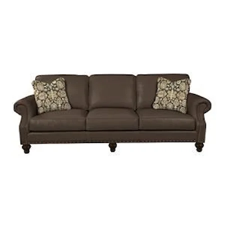 Traditional Leather Sofa with Two Sizes of Nailhead Trim and Pillows