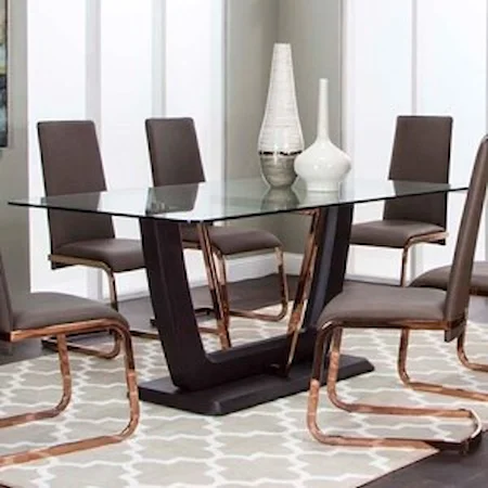 Pedestal Dining Table with Glass Top and Metal Accents