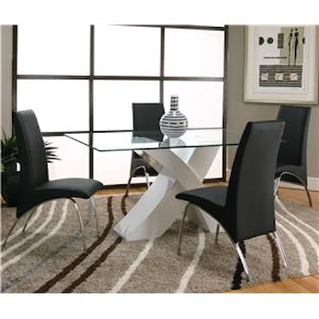 5 Piece Rectangular Glass Top Table with White Base and Black Chairs 