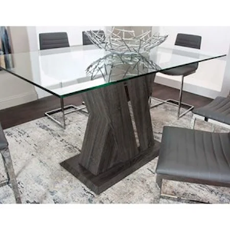 Contemporary Dining Table with Faux Wood Base and Glass Top