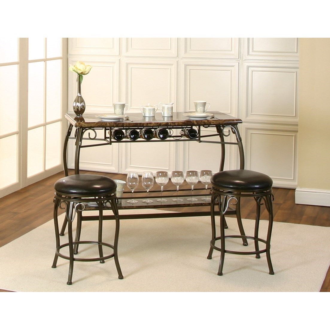 Cramco Inc Marque Y2443 75 3 Piece Counter Height Bar Table and Stool Set with Wine Storage Corner Furniture Pub Table and Stool Sets