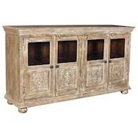 Bengal Manor Mango Wood 4 Carved Door and Beveled Glass Sideboard