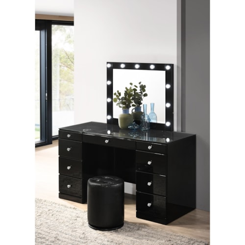 Glam Vanity and LED Mirror with Glass Top and Stool