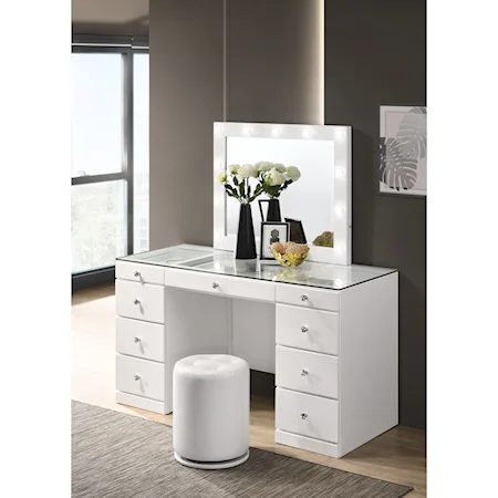 Glam Vanity and LED Mirror with Glass Top and Stool