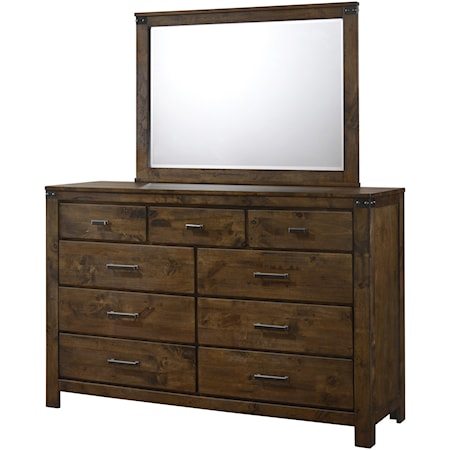 Rustic 9 Drawer Dresser and Beveled Mirror Combo