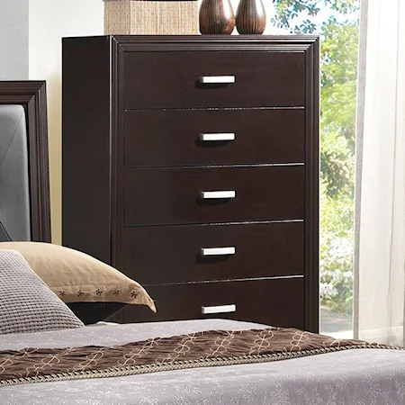 Transitional Chest of Drawers with Crown Molding and Simple Metal Hardware
