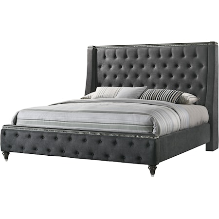 Giovani Glam King Upholstered Wing Bed with Button Tufting
