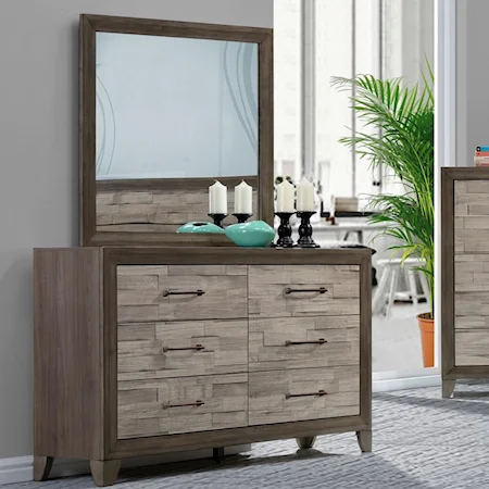Contemporary Rustic Six Drawer Dresser and Mirror Set