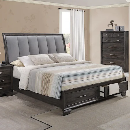 California King Storage Bed with Upholstered Headboard