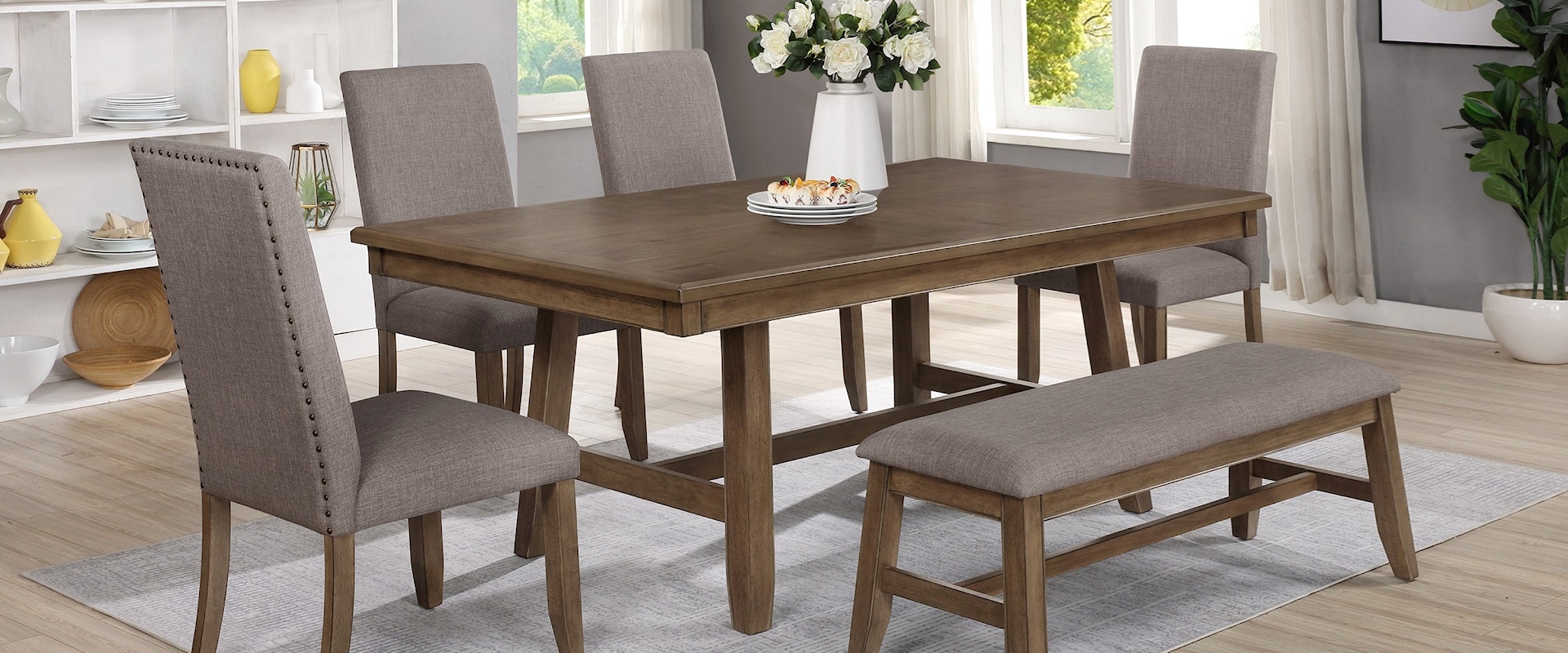 Casual 6-Piece Table and Chair Set with Bench