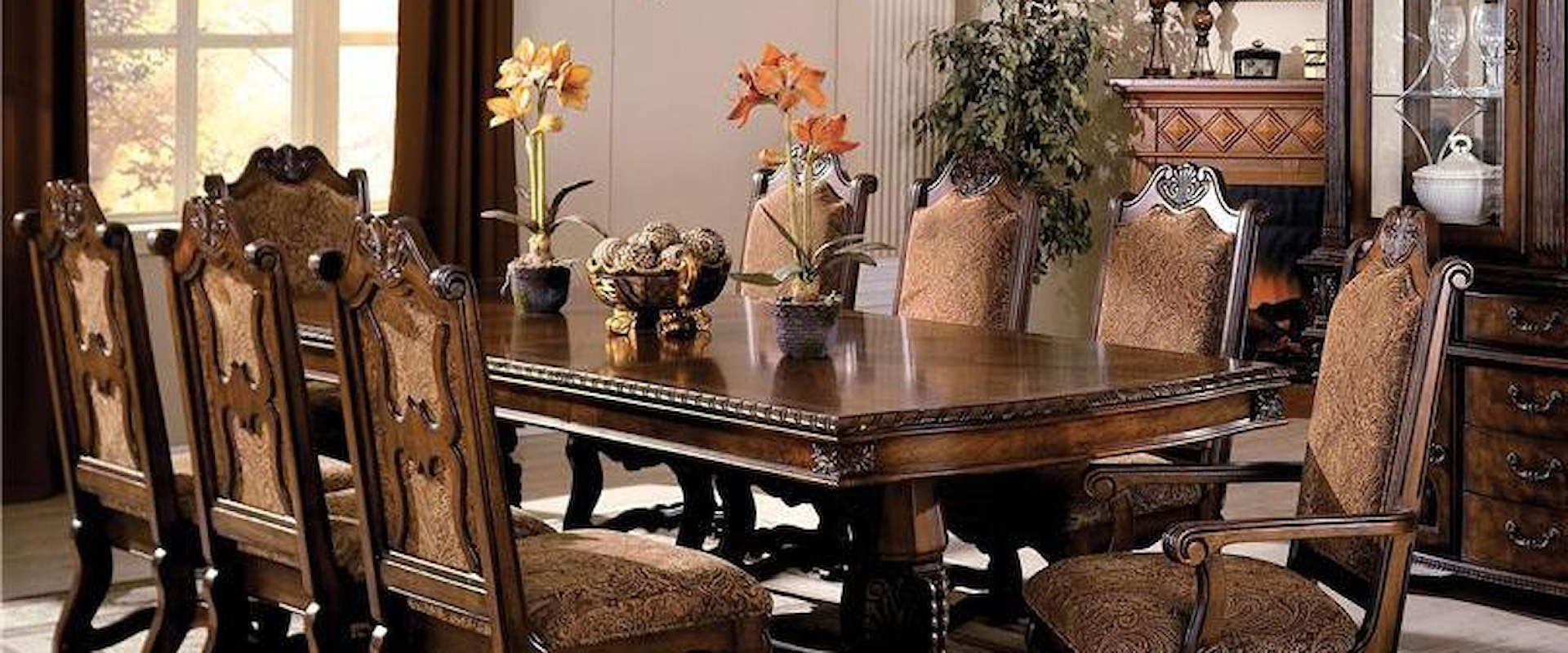 Double Pedestal Dining Table and Chairs with Traditional Upholstered Seats